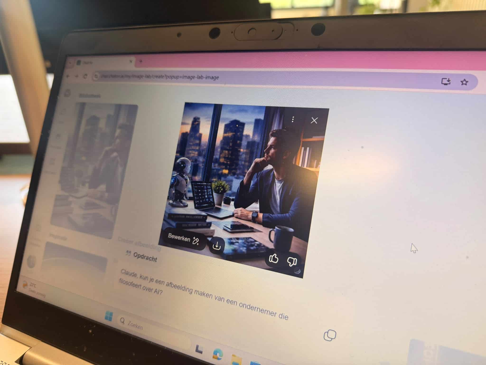 Laptop met AI-afbeelding van een ondernemer die nadenkt over AI en filosofie.